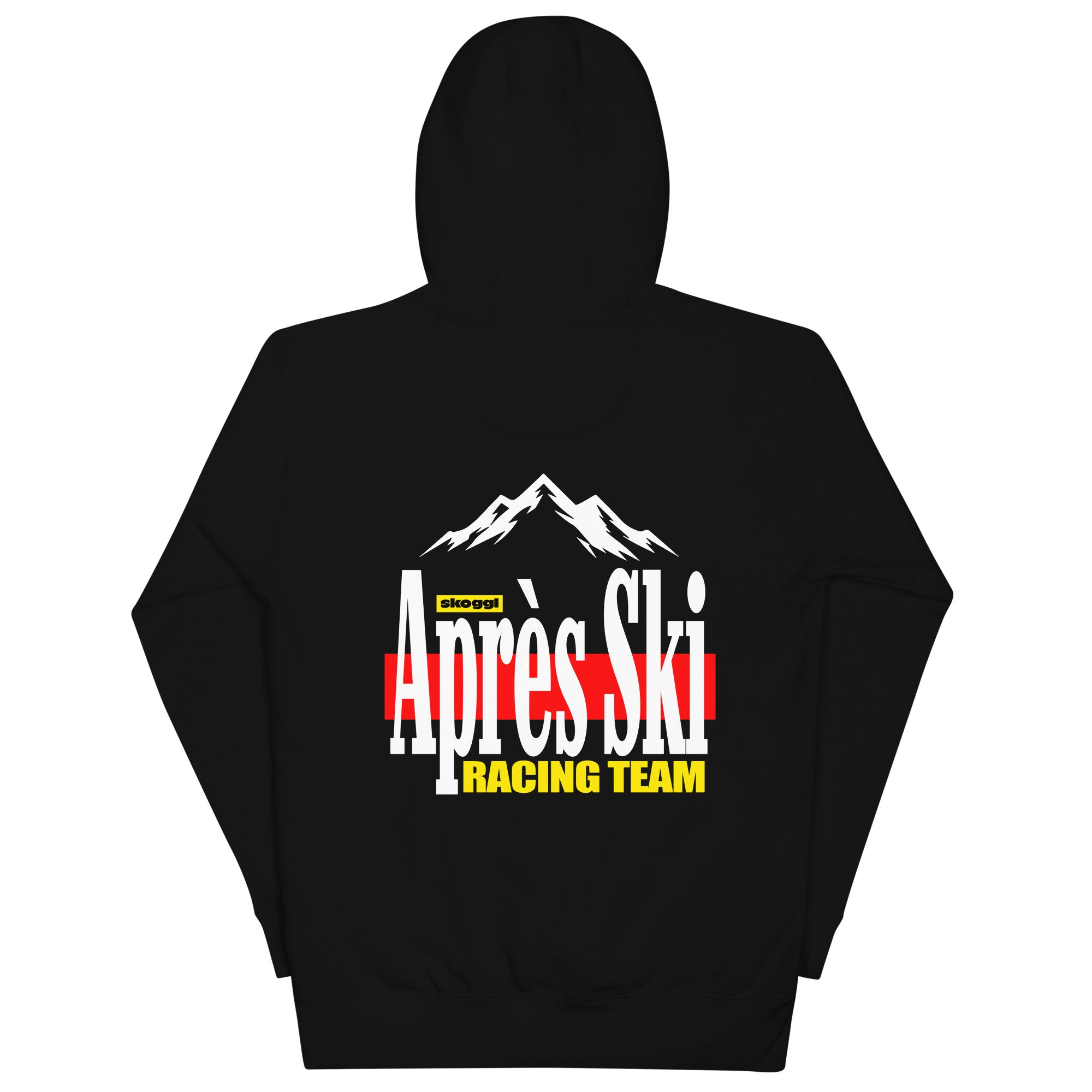Black hoodie from skoggl with 'Après Ski Racing Team' graphic on the back