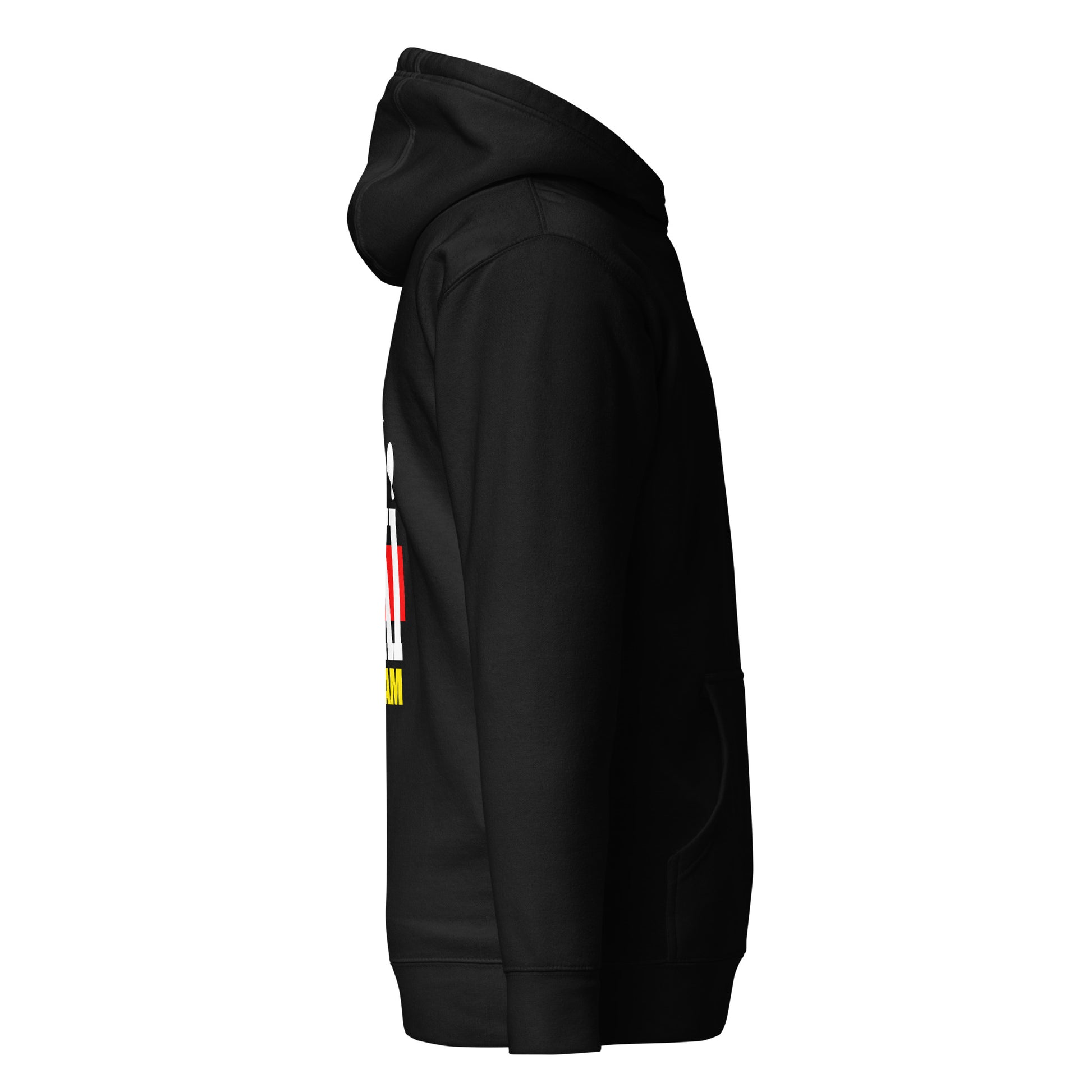 Side image of Black hoodie from skoggl with 'Après Ski Racing Team' graphic on the back
