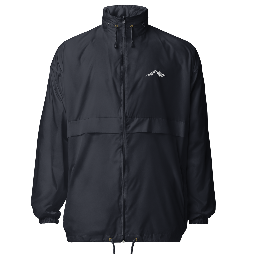 A Navy windproof jacket with a small skoggl logo on the right chest 