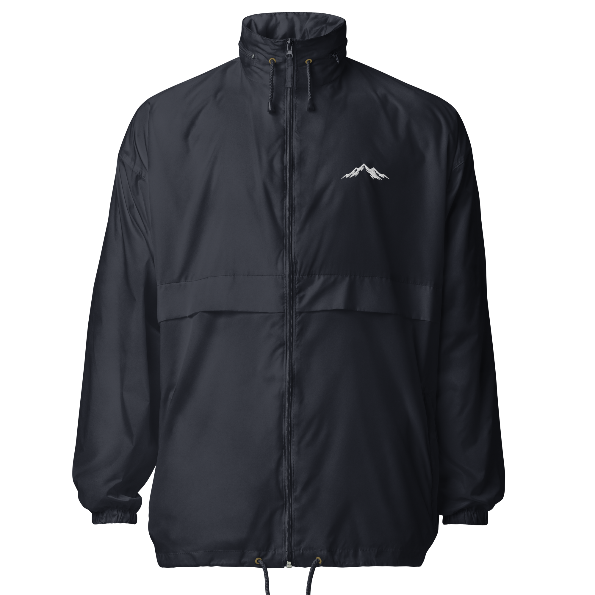 A Navy windproof jacket with a small skoggl logo on the right chest 