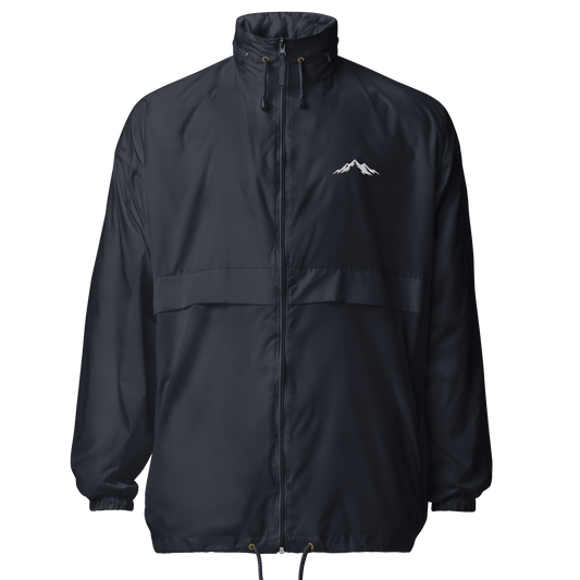 A Navy windproof jacket with a small skoggl logo on the right chest 