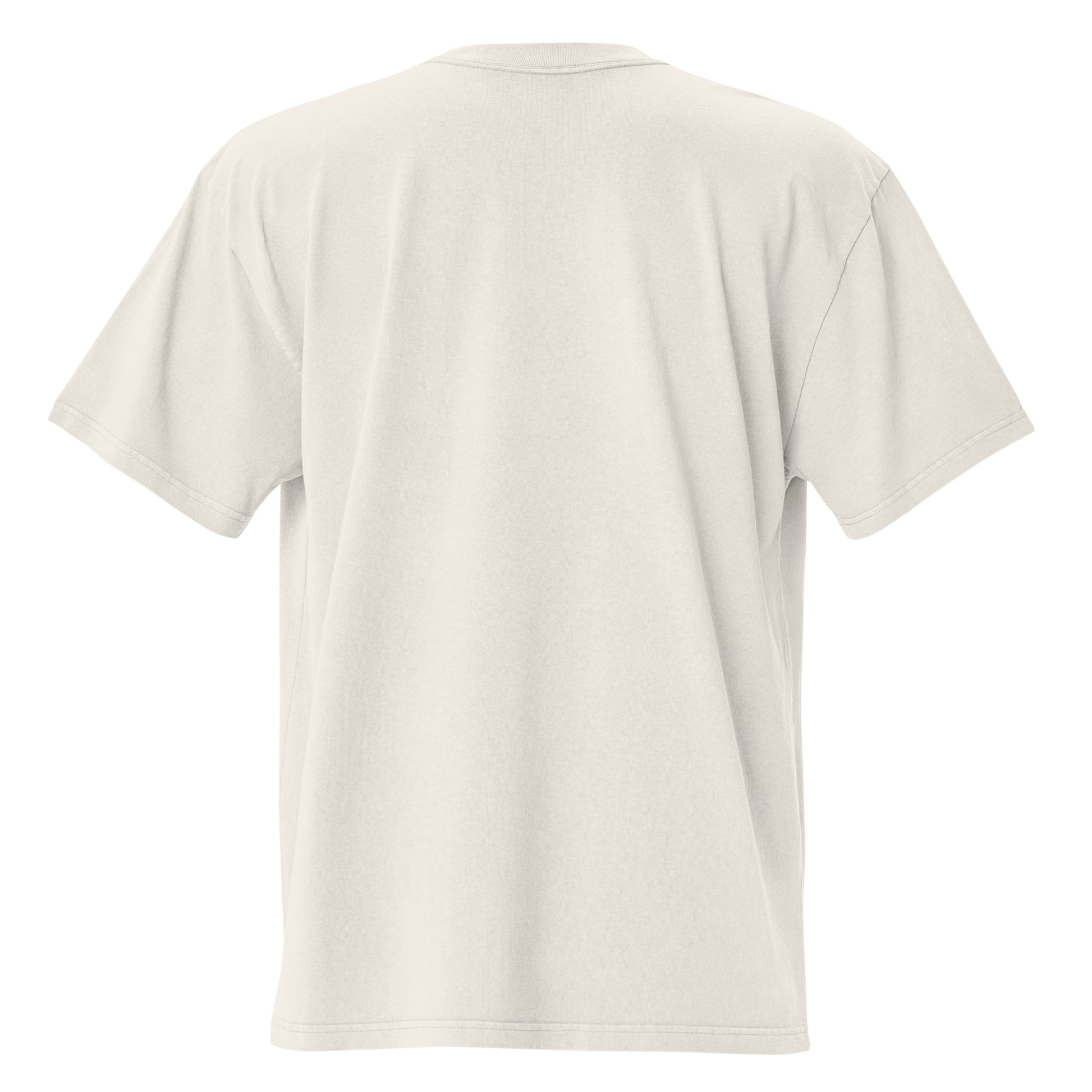 Rear view of the Skoggl Original oversized t-shirt in Washed Oat showing the boxy fit, drop shoulders, and heavyweight cotton drape.