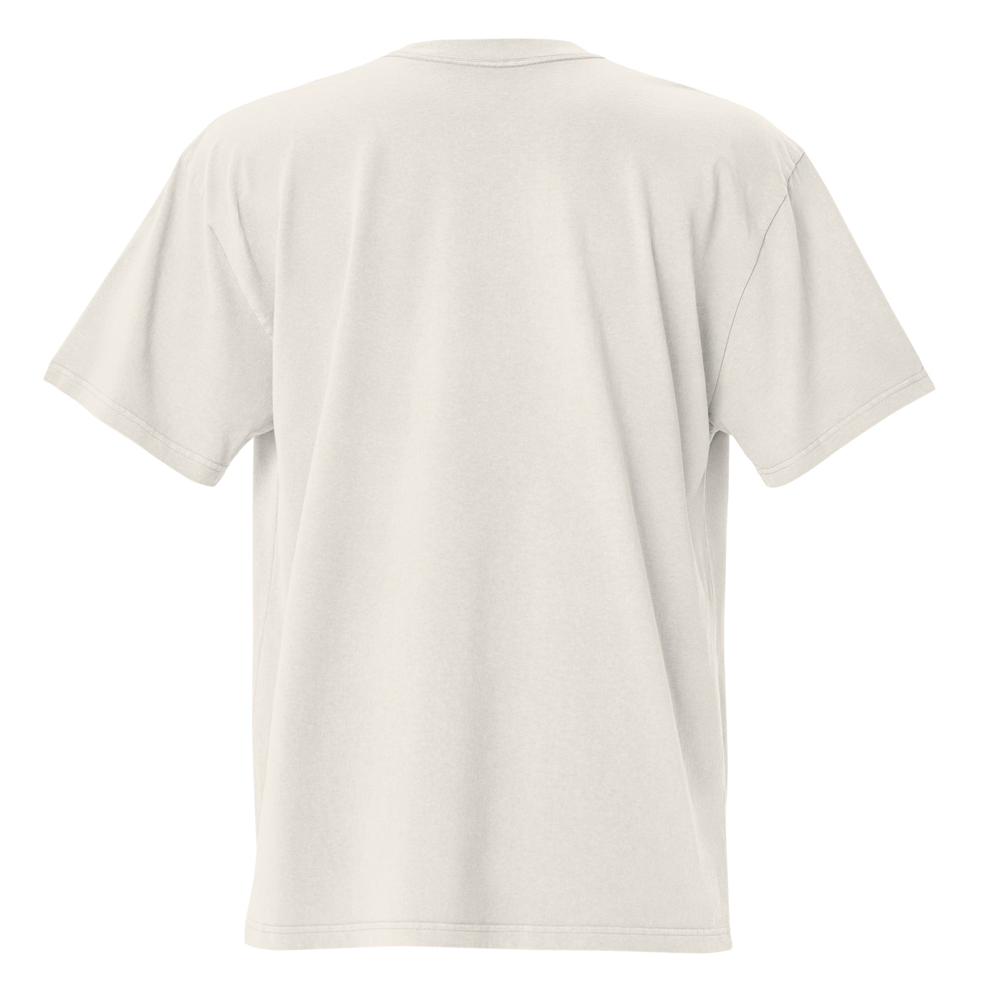 Rear view of the Skoggl Original oversized t-shirt in Washed Oat showing the boxy fit, drop shoulders, and heavyweight cotton drape.