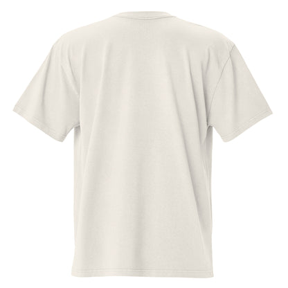 Rear view of the Skoggl Original oversized t-shirt in Washed Oat showing the boxy fit, drop shoulders, and heavyweight cotton drape.