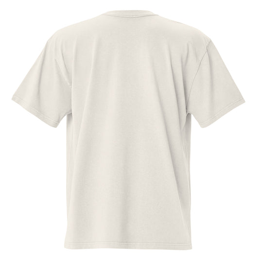 Rear view of the Skoggl Original oversized t-shirt in Washed Oat showing the boxy fit, drop shoulders, and heavyweight cotton drape.
