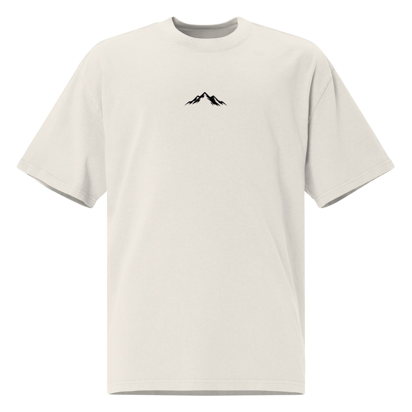 Front view of Skoggl Original heavyweight oversized t-shirt in Washed Oat, featuring a black mountain logo on the chest and a drop-shoulder fit.
