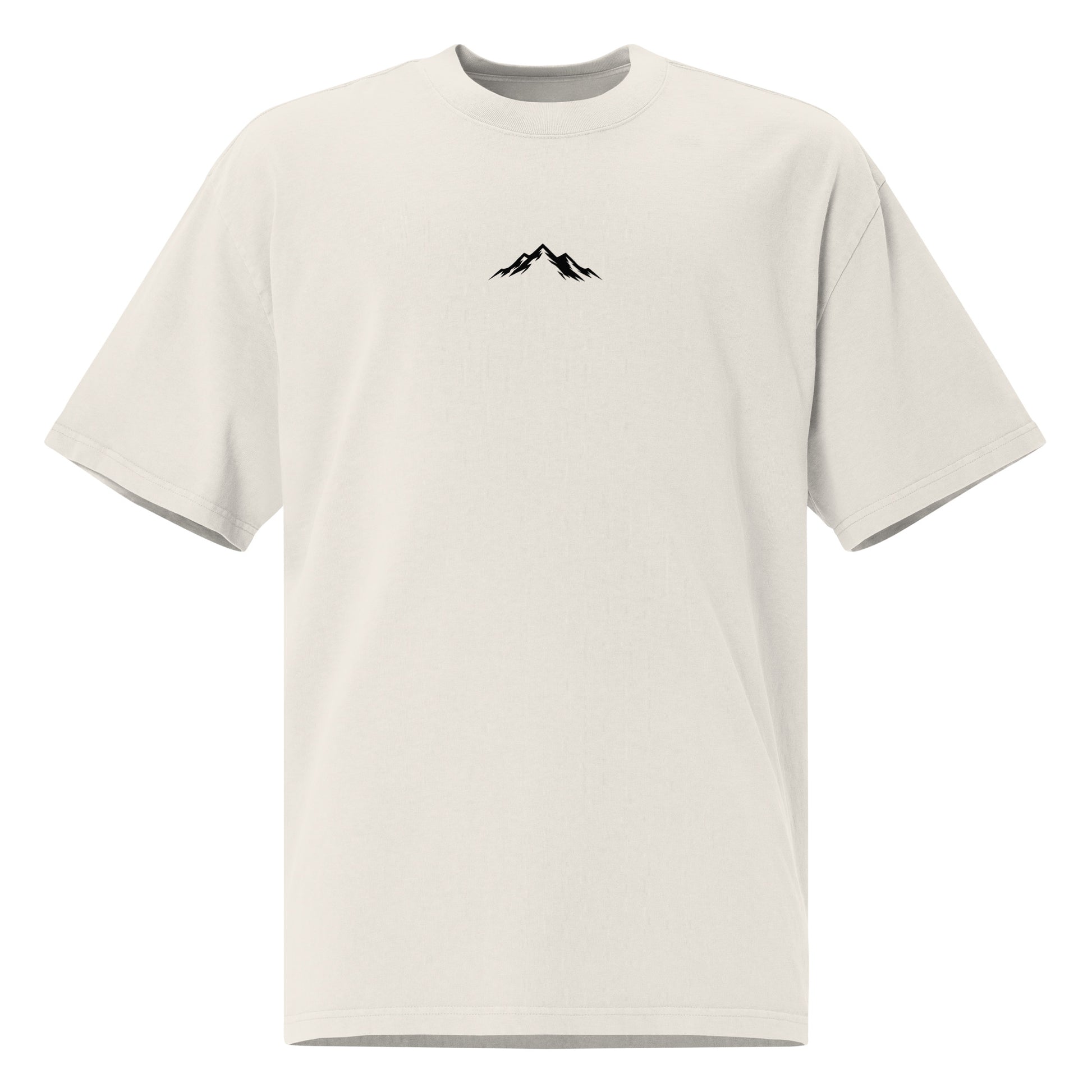 Front view of Skoggl Original heavyweight oversized t-shirt in Washed Oat, featuring a black mountain logo on the chest and a drop-shoulder fit.