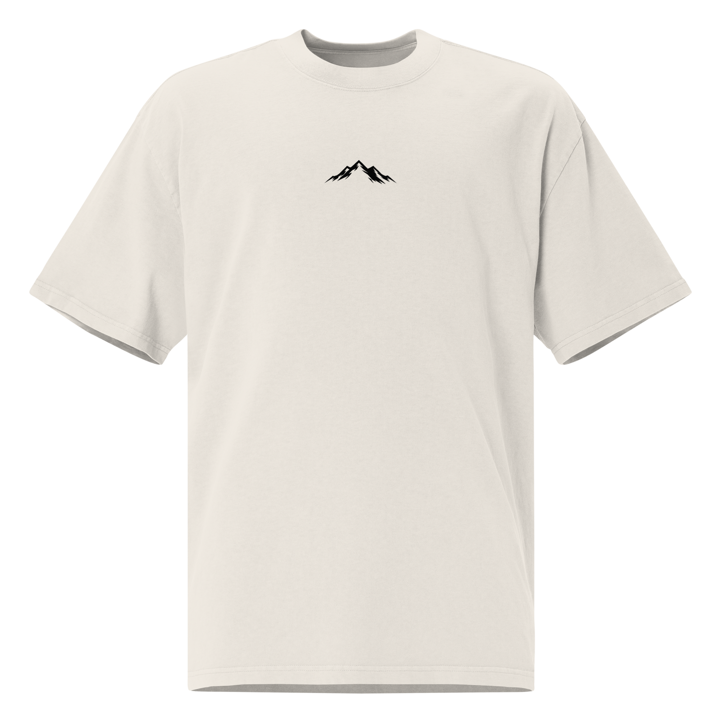 White t-shirt with a black mountain logo on a white background