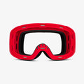 Red ski and snowboard goggle frame with an empty lens slot, showcasing the magnetic lens feature for easy swaps. Viewed from the front against a plain white background, highlighting its sleek, customizable design and compatibility with Skoggl lenses and straps for style and performance on the slopes.