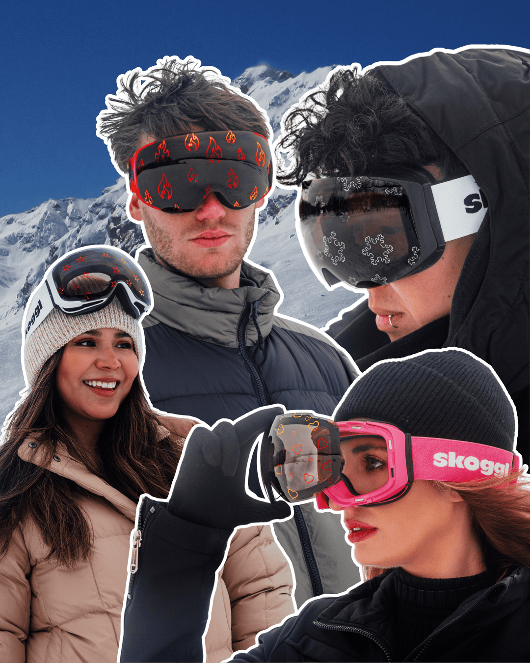 Group of skiers wearing Skoggl ski goggles with custom lens designs, including flames, snowflakes, and hearts, in a snowy mountain setting.