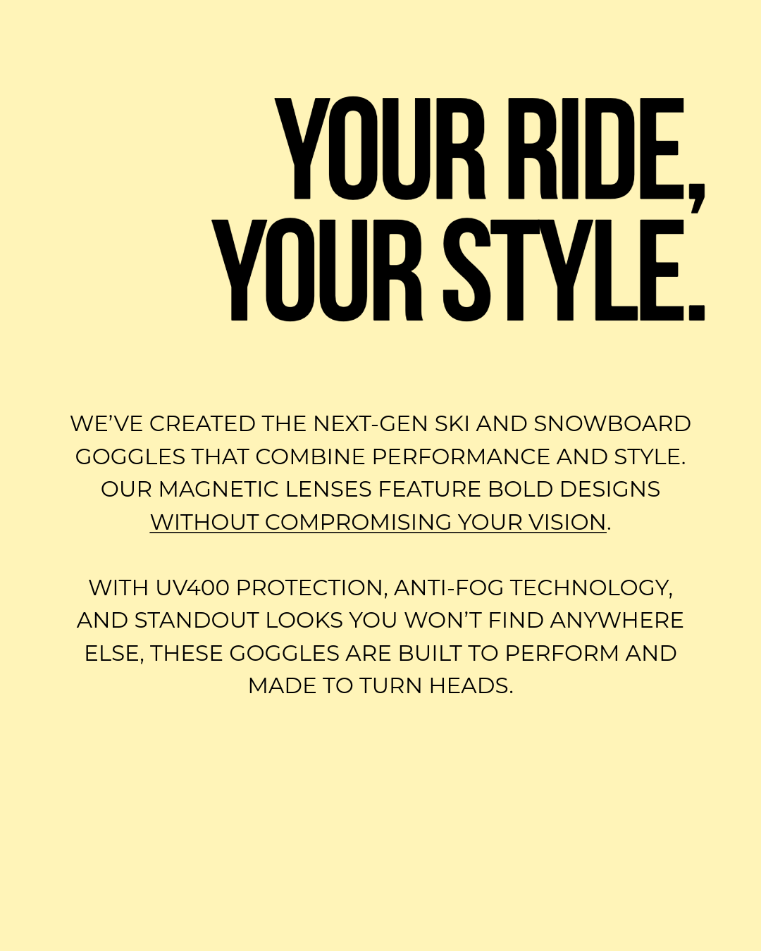 Skoggl promotional banner with bold text describing next-gen ski and snowboard goggles featuring magnetic lenses, UV400 protection, and anti-fog technology