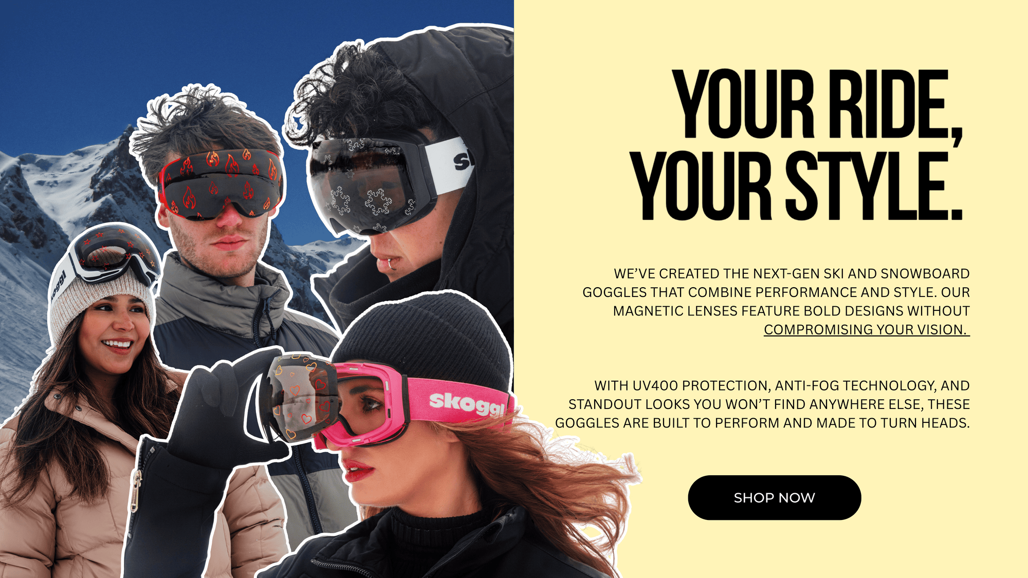 Skoggl ski and snowboard goggles with colorful star design on magnetic lens, featuring UV400 protection, anti-fog technology, and bold next-gen style – tagline ‘The slopes just got a Glow Up'.