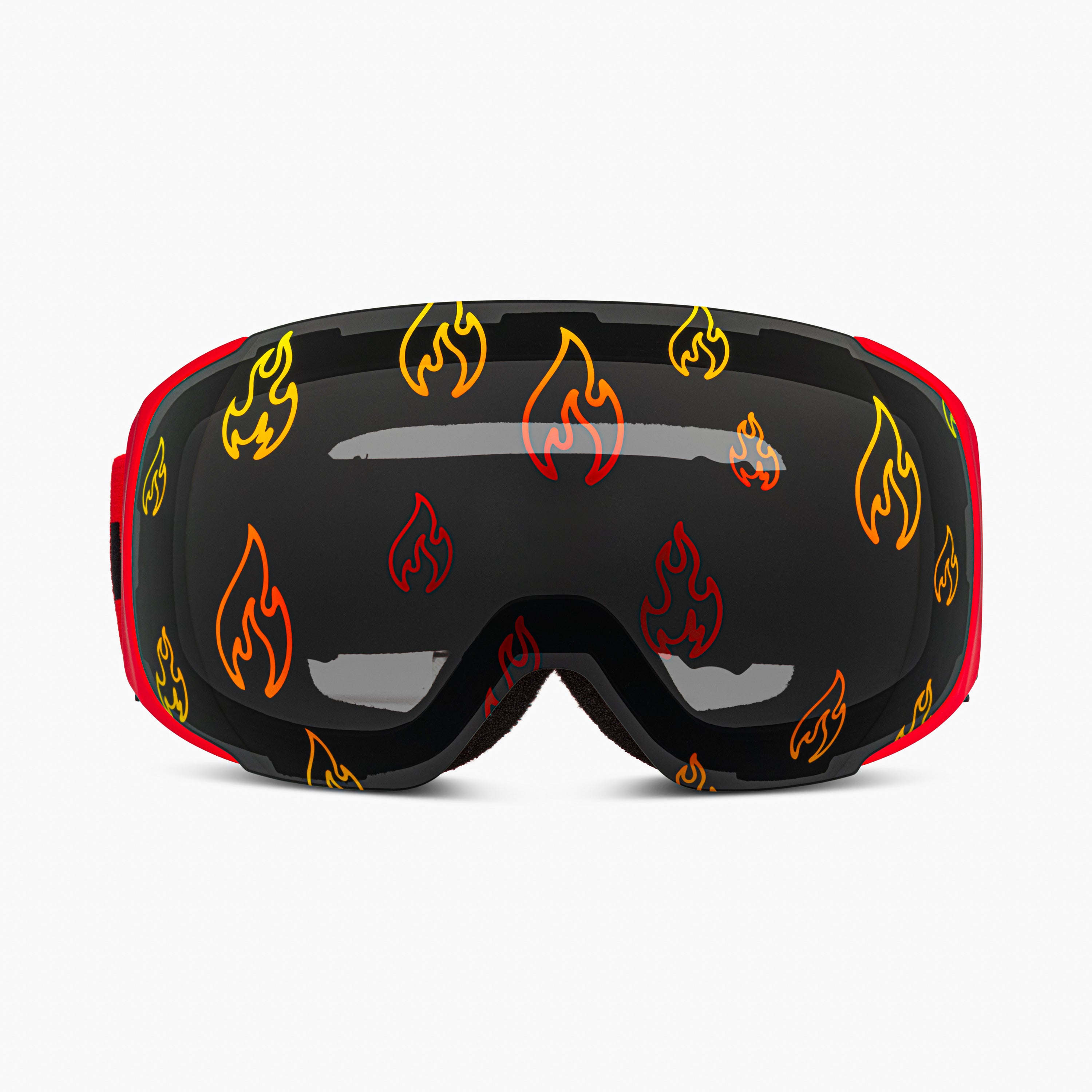 Close-up of the Flame Lens, a magnetic ski and snowboard goggle lens featuring bold fire designs. Showcases the easy-swap magnetic feature, elegant patterns, and high-performance clarity for style and adaptability in all winter conditions. Perfect for pairing with Skoggl frames.