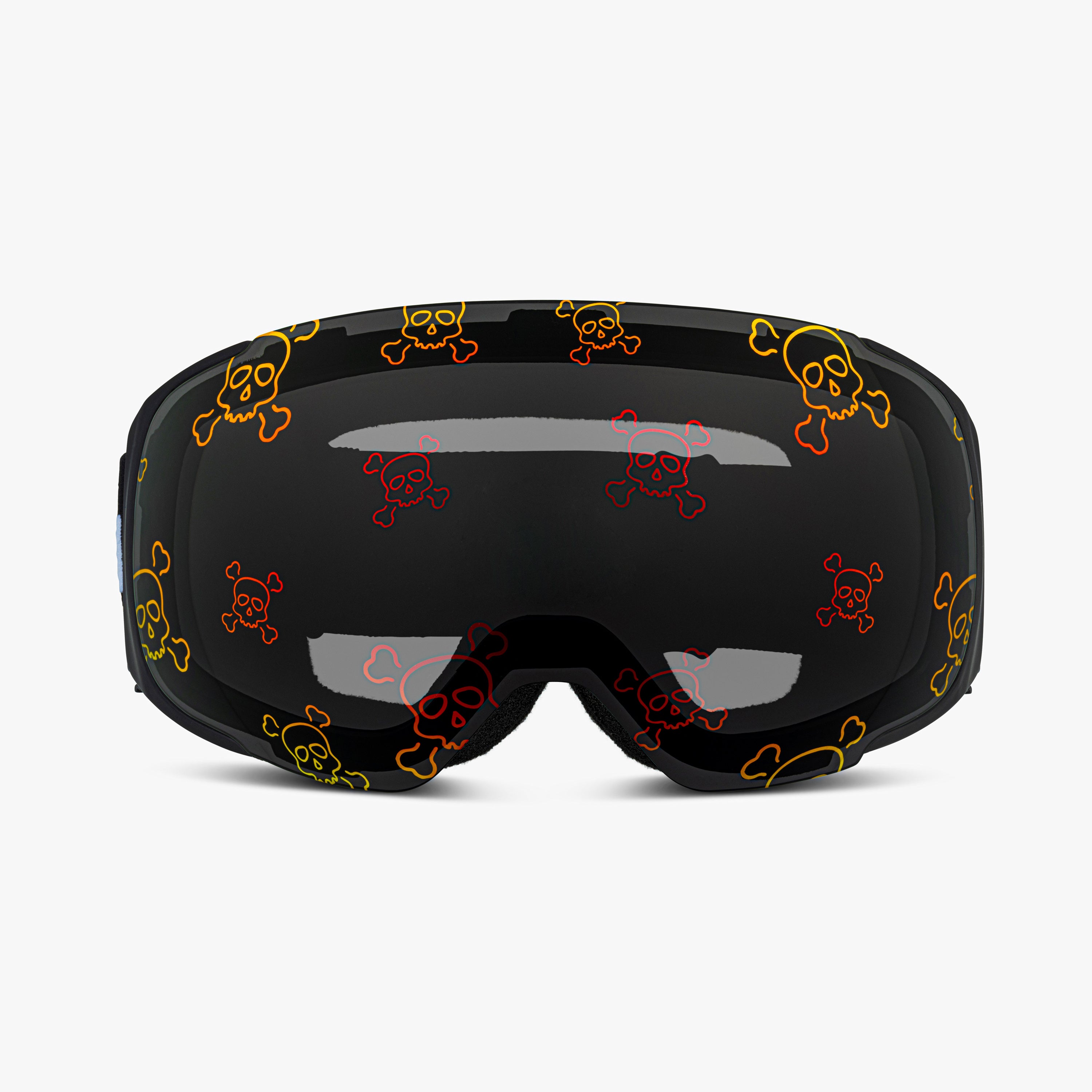 Front view of Skoggl Skull Rider ski and snowboard goggles, showcasing bold skull designs on the lens, a black frame, red strap, and a magnetic lens system for easy swaps. The edgy skull pattern combines style and performance, making these goggles perfect for skiing, snowboarding, and winter sports.