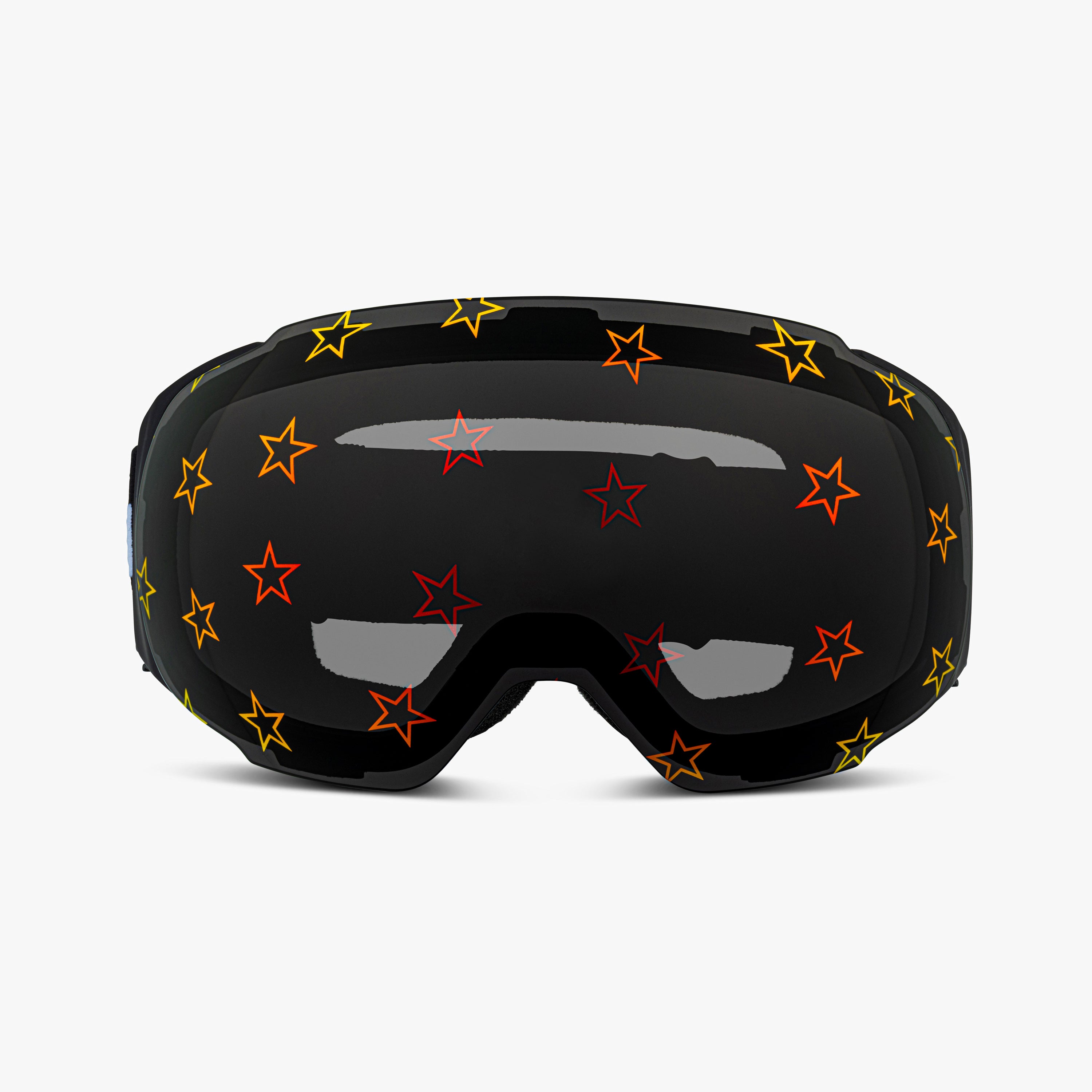 Close-up of the Starstruck Lens, a magnetic ski and snowboard goggle lens featuring bold star designs. Highlights the easy-swap magnetic feature, vibrant patterns, and high-performance clarity for style and adaptability on the slopes. Perfect for pairing with Skoggl frames.