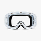 White ski and snowboard goggle frame with an empty lens slot, showcasing the magnetic lens feature for easy swaps. Viewed from the front against a plain white background, highlighting its sleek, customizable design and compatibility with Skoggl lenses and straps for style and performance on the slopes.