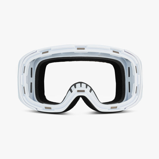 White ski and snowboard goggle frame with an empty lens slot, showcasing the magnetic lens feature for easy swaps. Viewed from the front against a plain white background, highlighting its sleek, customizable design and compatibility with Skoggl lenses and straps for style and performance on the slopes.