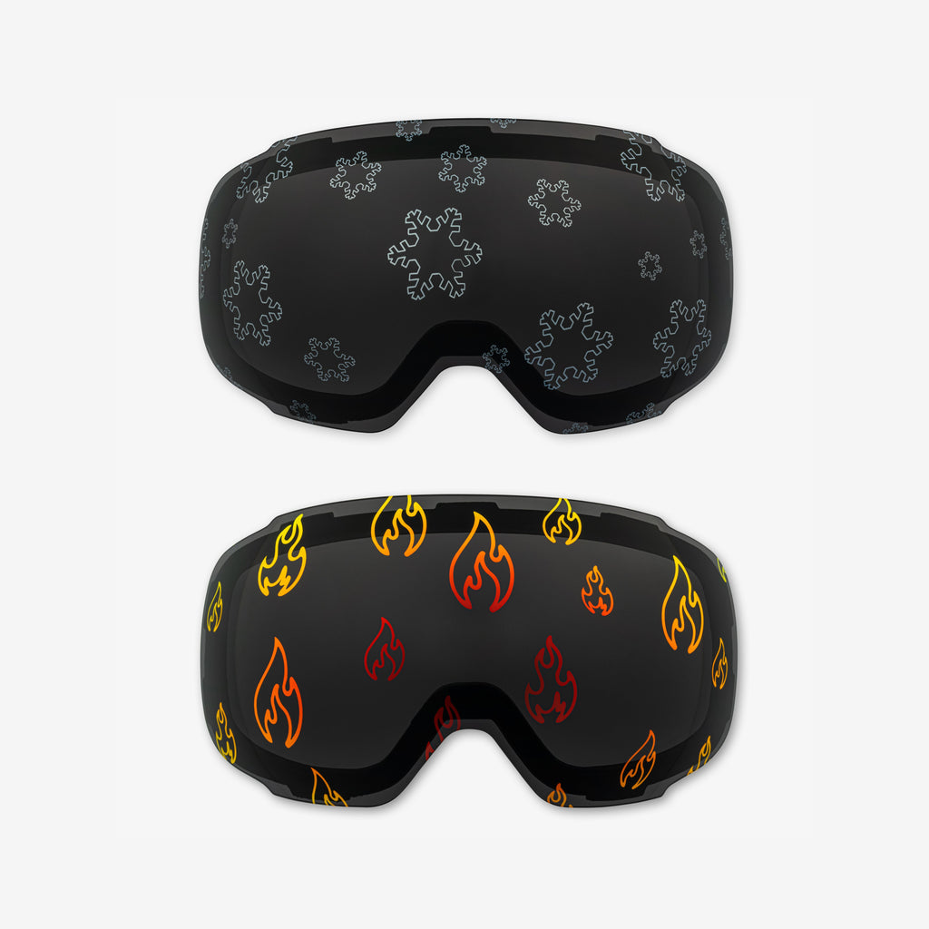 Skoggl ski and snowboard goggles featuring unique lens designs like star, heart, fire, snowflake, and skull and crossbone patterns. These stylish lenses combine bold aesthetics with crystal-clear visibility, perfect for winter sports enthusiasts. Shop our discounted lens bundles for the best deals on high-performance goggles.