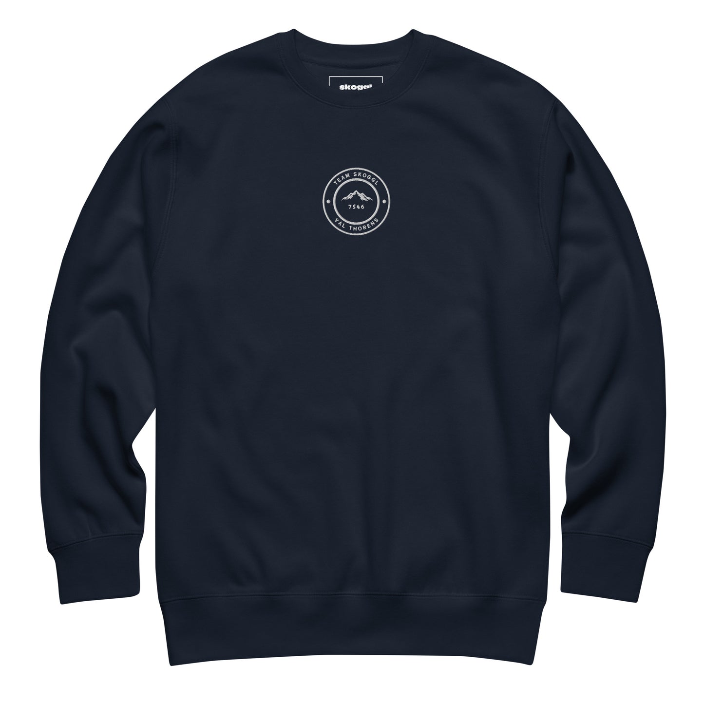 Navy Team Skoggl Jumper – Val Thorens fleece-lined crew neck with white embroidery.”