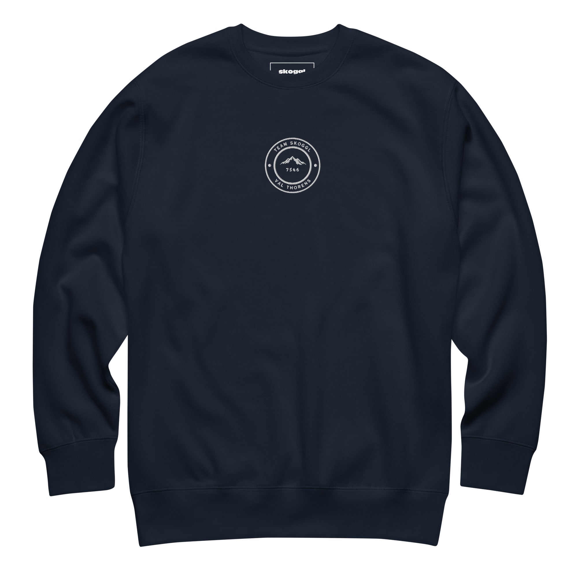 Navy Team Skoggl Jumper – Val Thorens fleece-lined crew neck with white embroidery.”