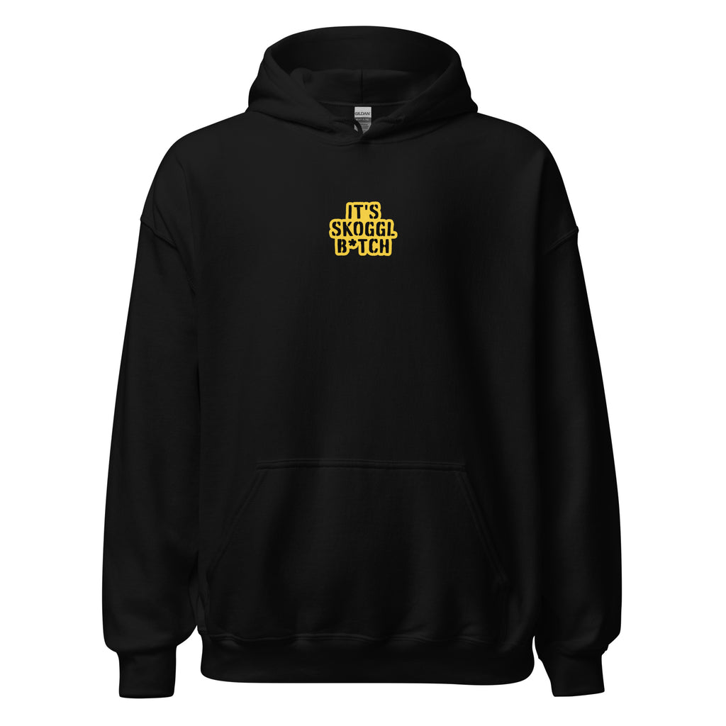 Black hoodie with yellow text reading ‘It’s Skoggl B*tch’ on the front, facing right, displayed on a white background.