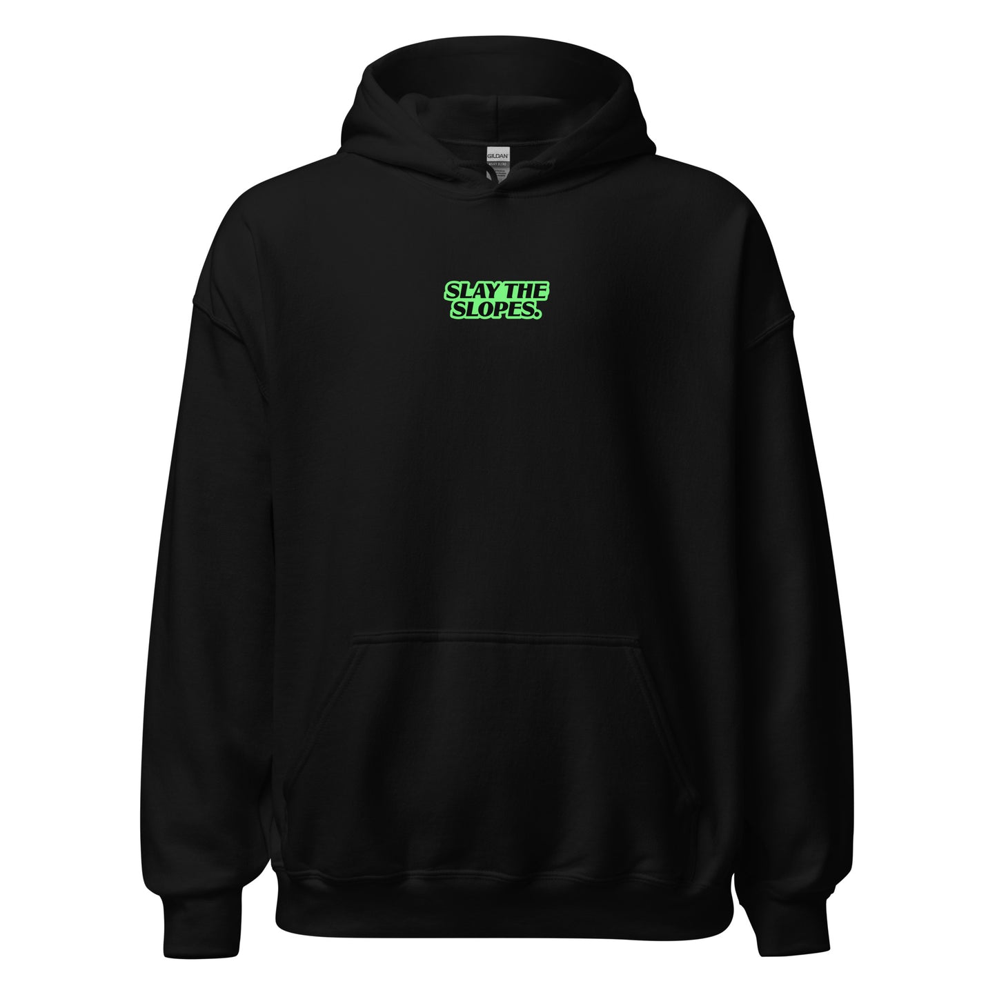 Black hoodie with a green chest logo reading ‘Slay the Slopes,’ displayed against a plain white background.