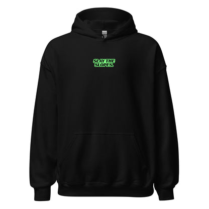 Black hoodie with a green chest logo reading ‘Slay the Slopes,’ displayed against a plain white background.