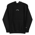 Black hooded sweatshirt featuring a small white mountain graphic centered on the chest and a front kangaroo pocket.
