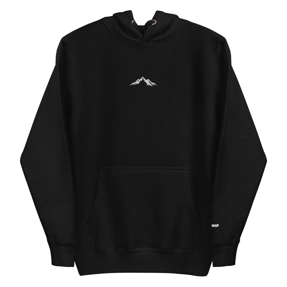 Black hooded sweatshirt featuring a small white mountain graphic centered on the chest and a front kangaroo pocket.