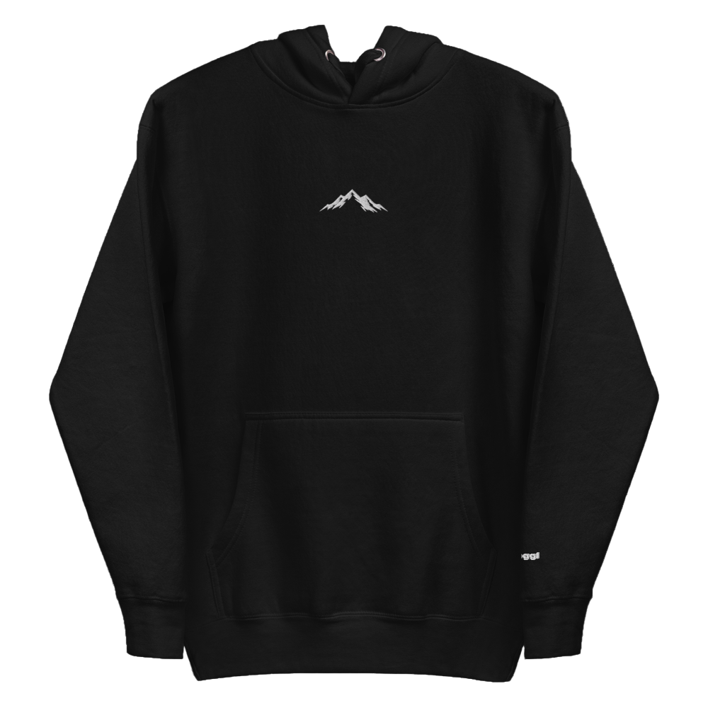 Black hooded sweatshirt featuring a small white mountain graphic centered on the chest and a front kangaroo pocket.