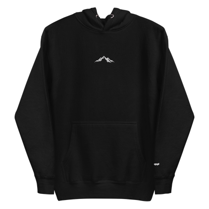 Black hooded sweatshirt featuring a small white mountain graphic centered on the chest and a front kangaroo pocket.