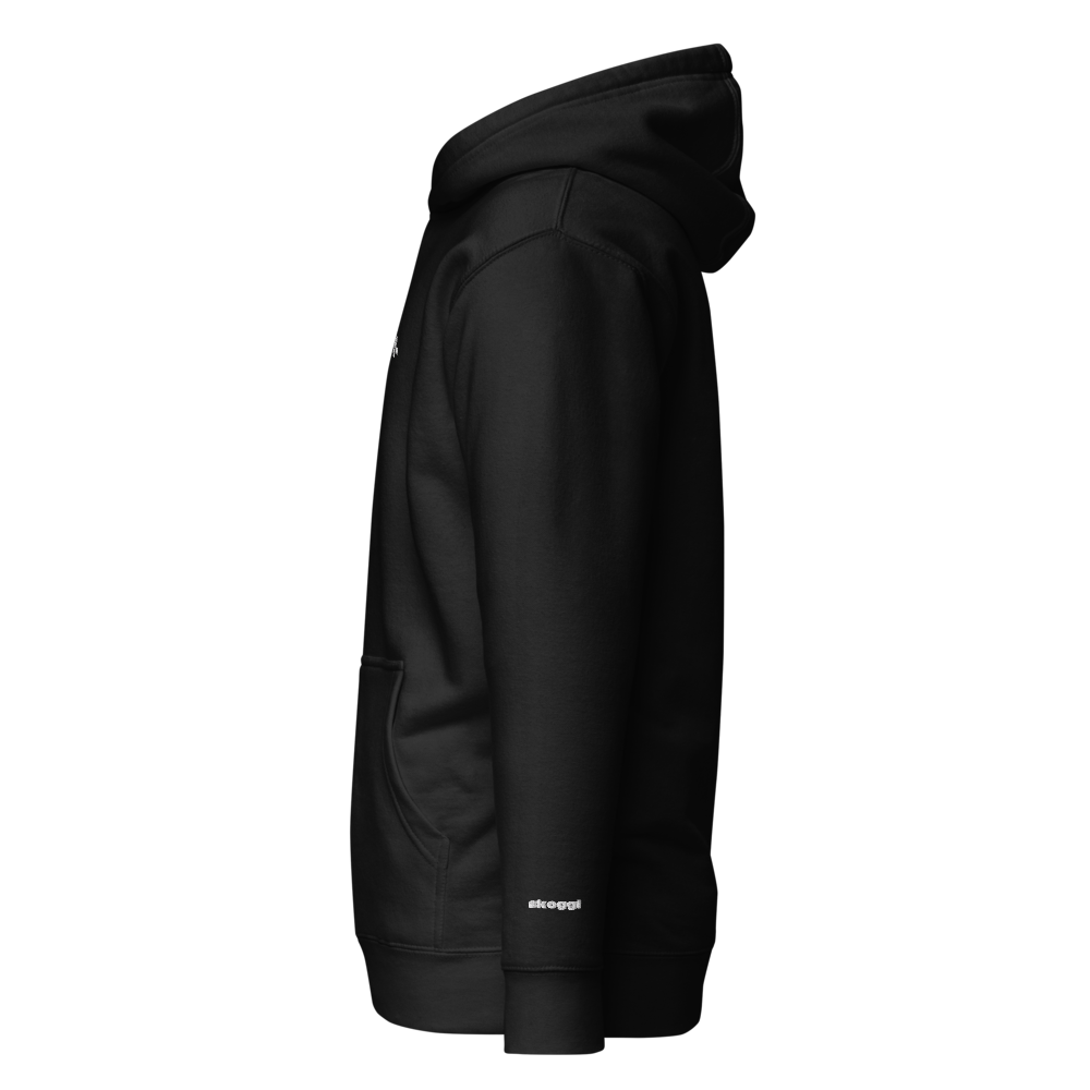 Black hoodie with the skoggl brand logo  on the left wrist on a white background