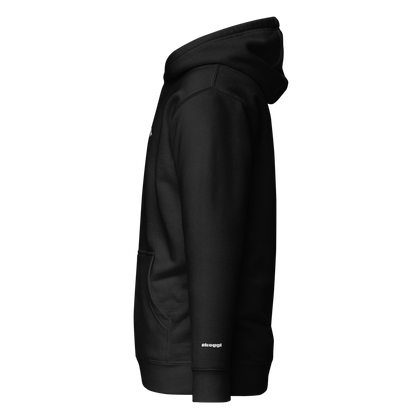 Black hoodie with the skoggl brand logo  on the left wrist on a white background