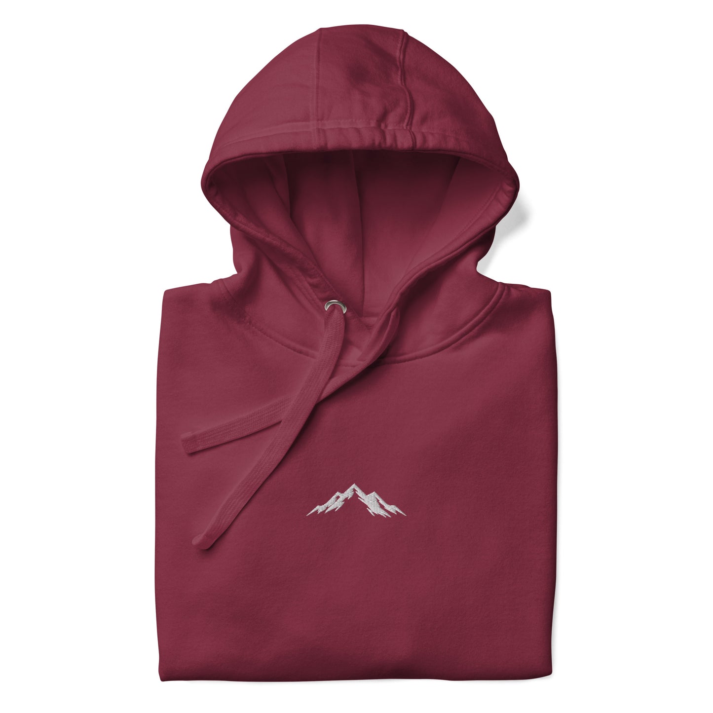 Maroon hoodie with a mountain logo on a white background