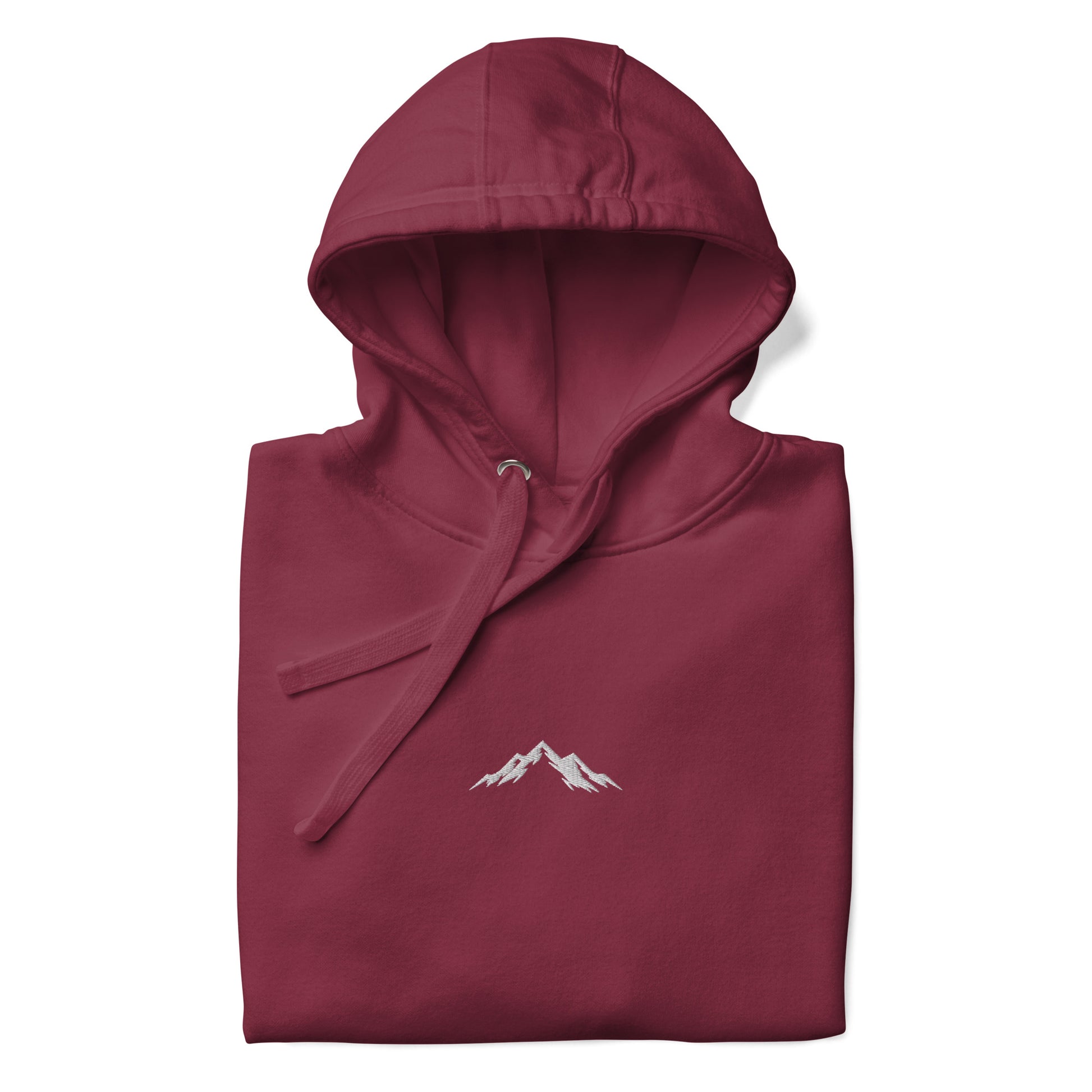 Maroon hoodie with a mountain logo on a white background