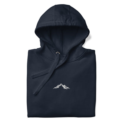 Black hoodie with a mountain logo on a white background